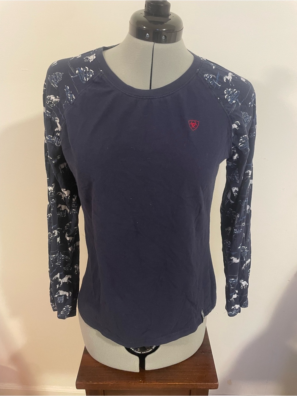 Ariat Navy Long-Sleeve Raglan Top with Horse Printed Sleeves - Large